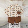 Boys Brown Printed Short Sleeves Contrast Flap Shirt With Brown Shorts Set 2 pc. Sets Brown 1-2 Y