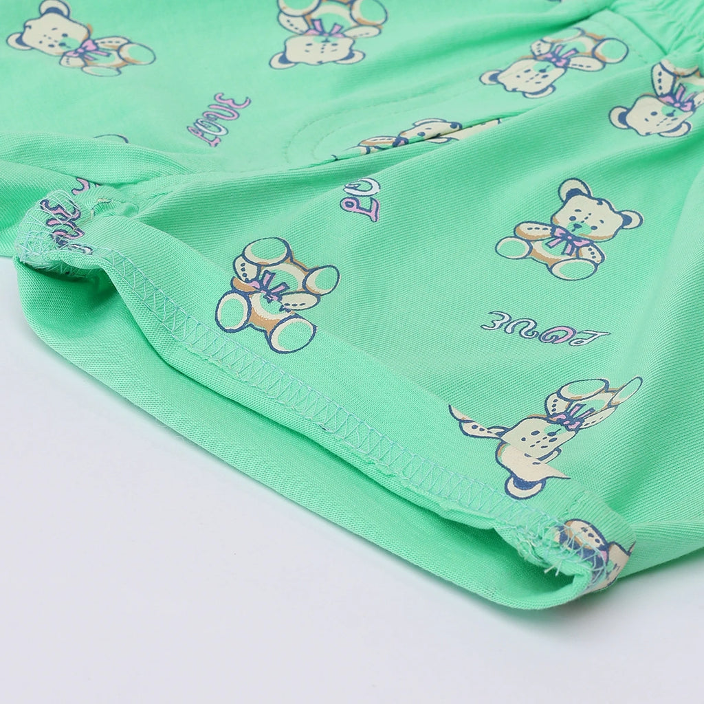 Girls Green Teddy Bear Graphics Puff Sleeve Top With Printed Shorts Sets Sets