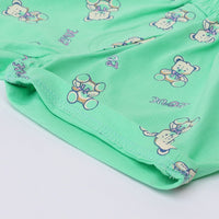 Girls Green Teddy Bear Graphics Puff Sleeve Top With Printed Shorts Sets Sets