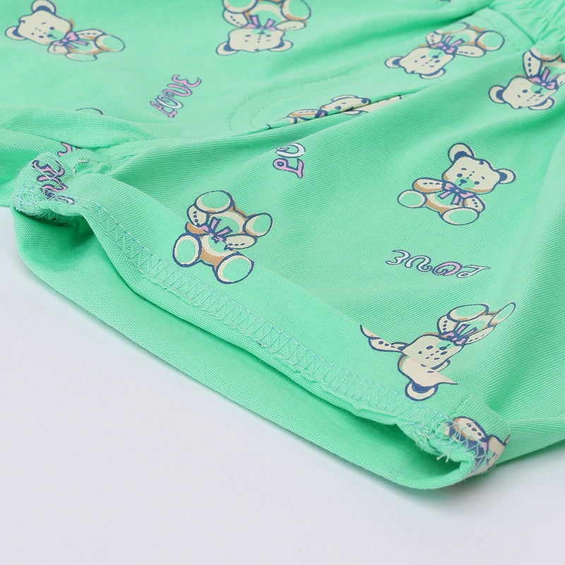 Girls Green Teddy Bear Graphics Puff Sleeve Top With Printed Shorts Sets Sets