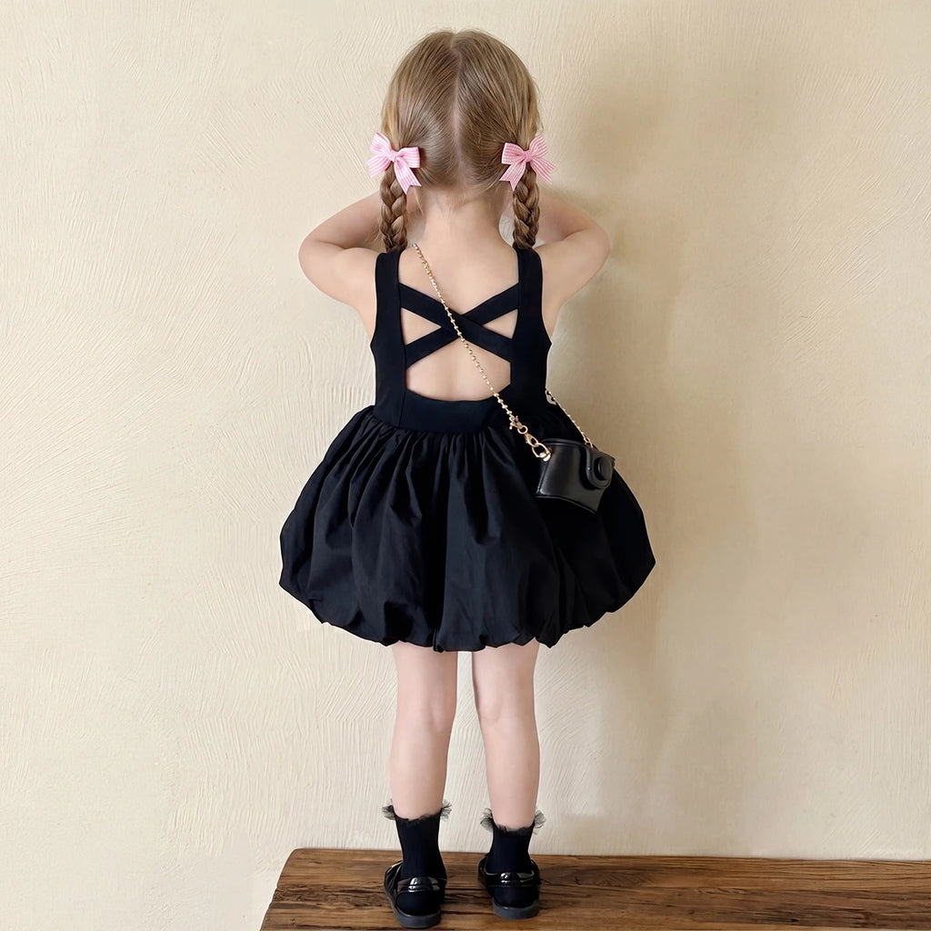 Girls Black Criss-Cross Back Sleeveless Balloon Dress Casual Dresses