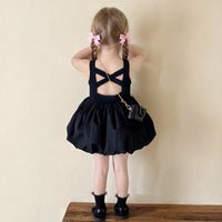 Girls Black Criss-Cross Back Sleeveless Balloon Dress Casual Dresses