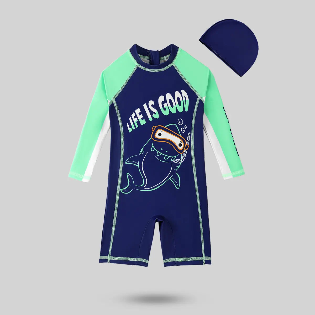 Boys Navy Blue Graphics Swimwear Bodysuit With Swim Cap Beachwear Navy Blue 3-4 Y