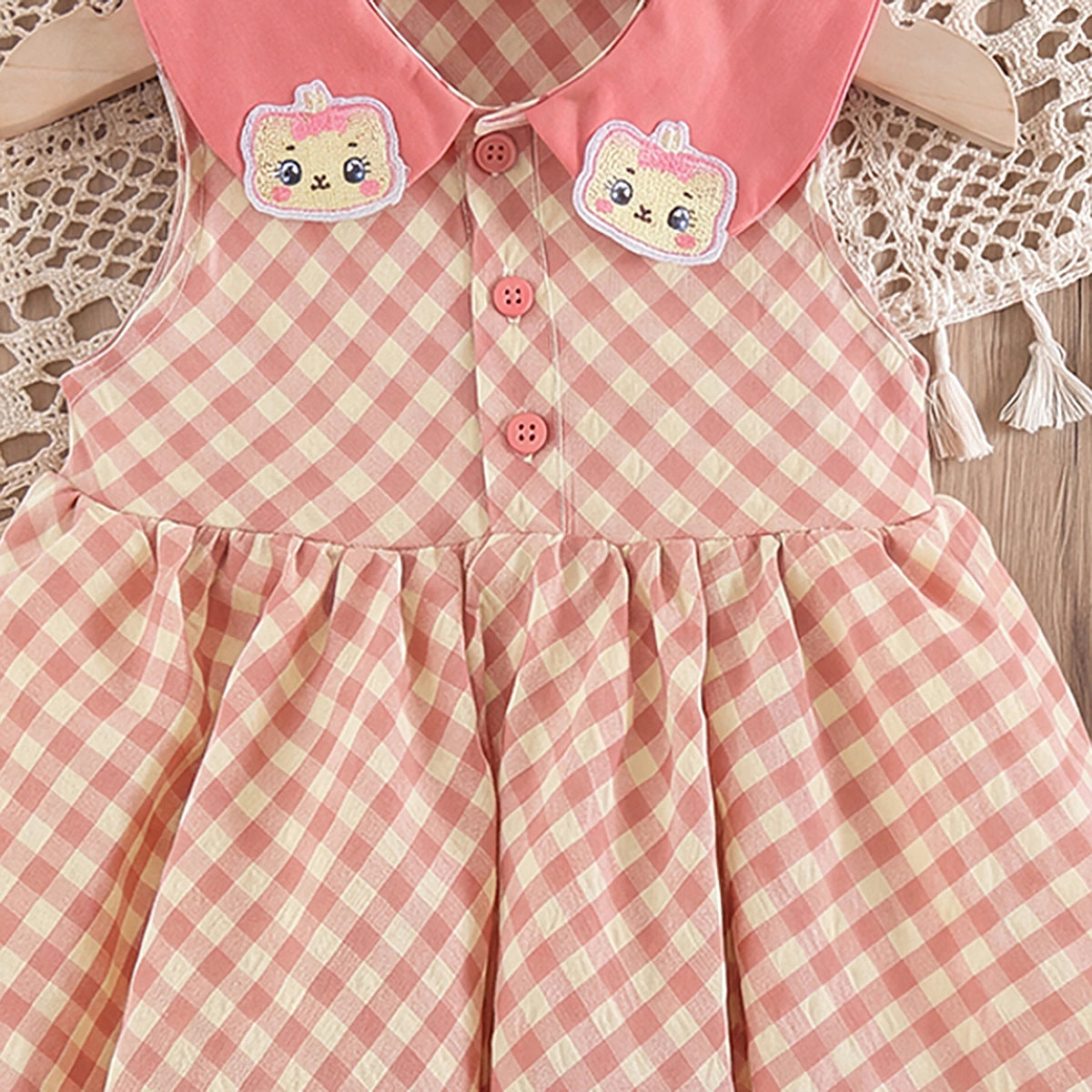 Girls Pink Sleeveless Checked Balloon Dress Casual Dresses