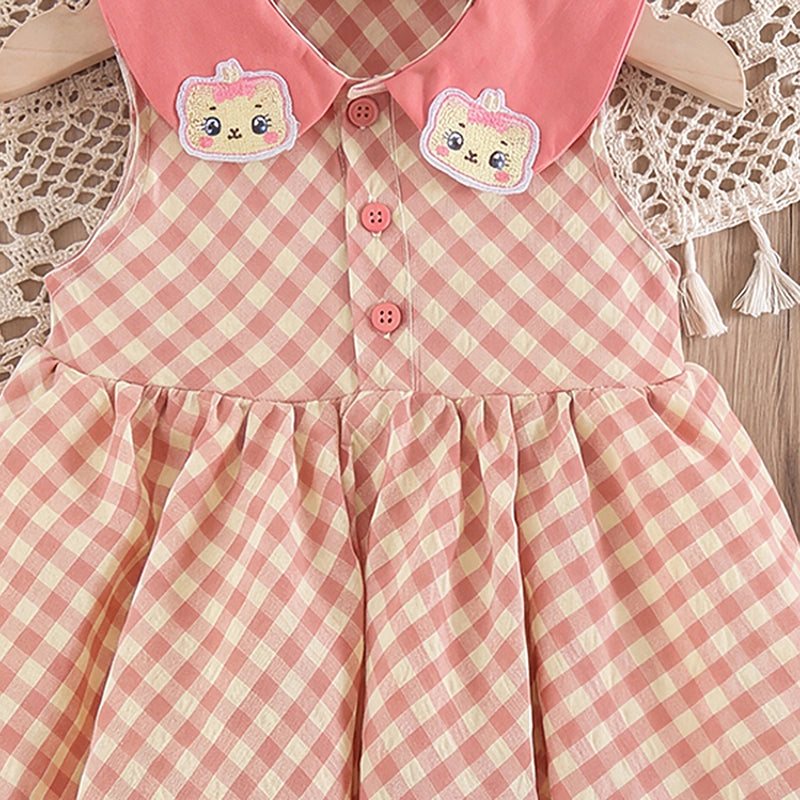 Girls Pink Sleeveless Checked Balloon Dress Casual Dresses