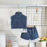 Girls Blue Embroidered Lace Sleeve Denim Top With Denim Shorts Sets 2 pc. Sets