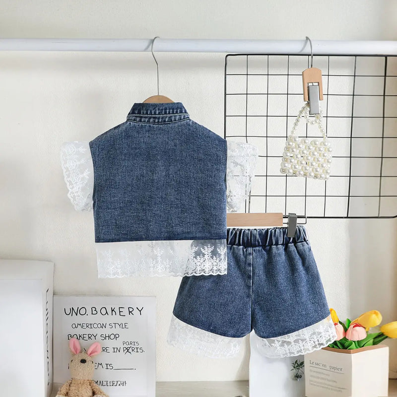 Girls Blue Embroidered Lace Sleeve Denim Top With Denim Shorts Sets 2 pc. Sets