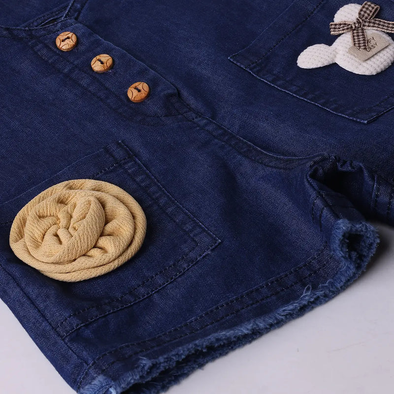 Girls Dark Blue Denim Dungaree Printed Short Sleeve T-Shirt Sets 2 pc. Sets
