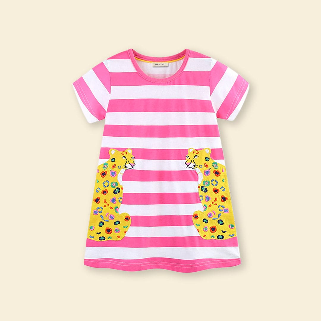 Girls Short Sleeve Striped A-Line Dress Casual Dresses Pink 1-2 Y 