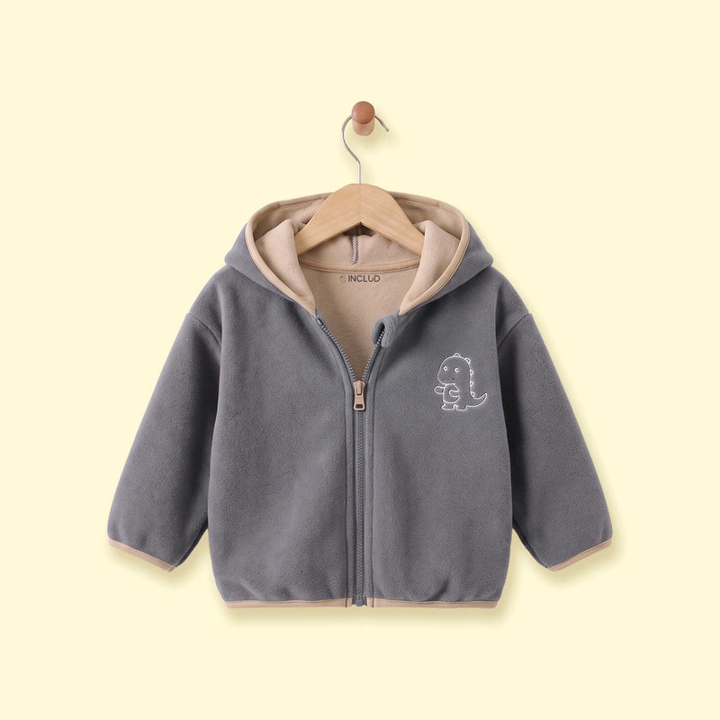 Boys Grey Dinosaur Embroidered Hooded Jacket Coats & Jackets Grey 1-2 Y