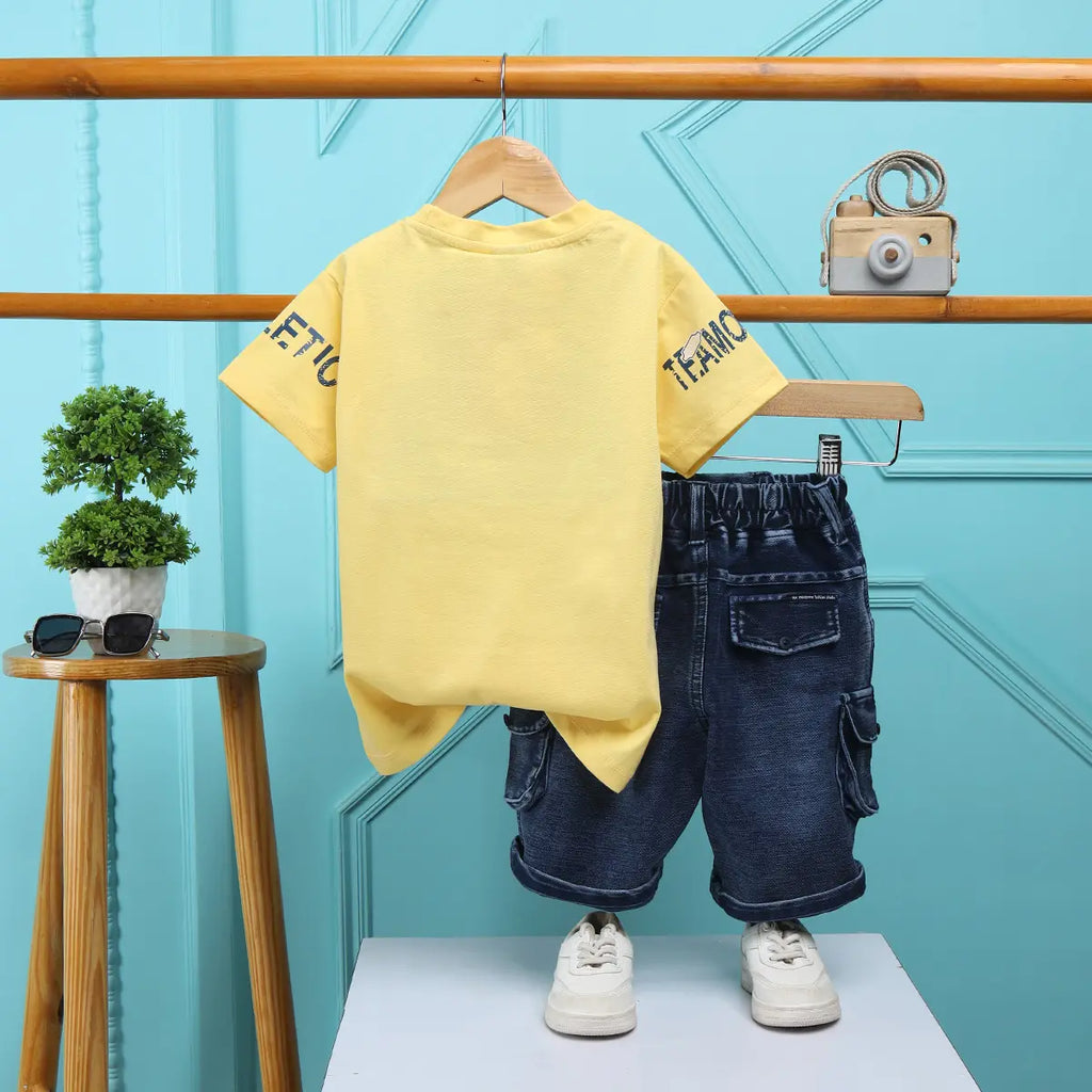Boys Yellow Printed Short Sleeve T-Shirt With Denim Shorts Sets 2 pc. Sets