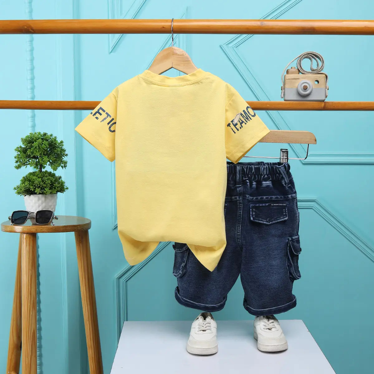 Boys Yellow Printed Short Sleeve T-Shirt With Denim Shorts Sets 2 pc. Sets