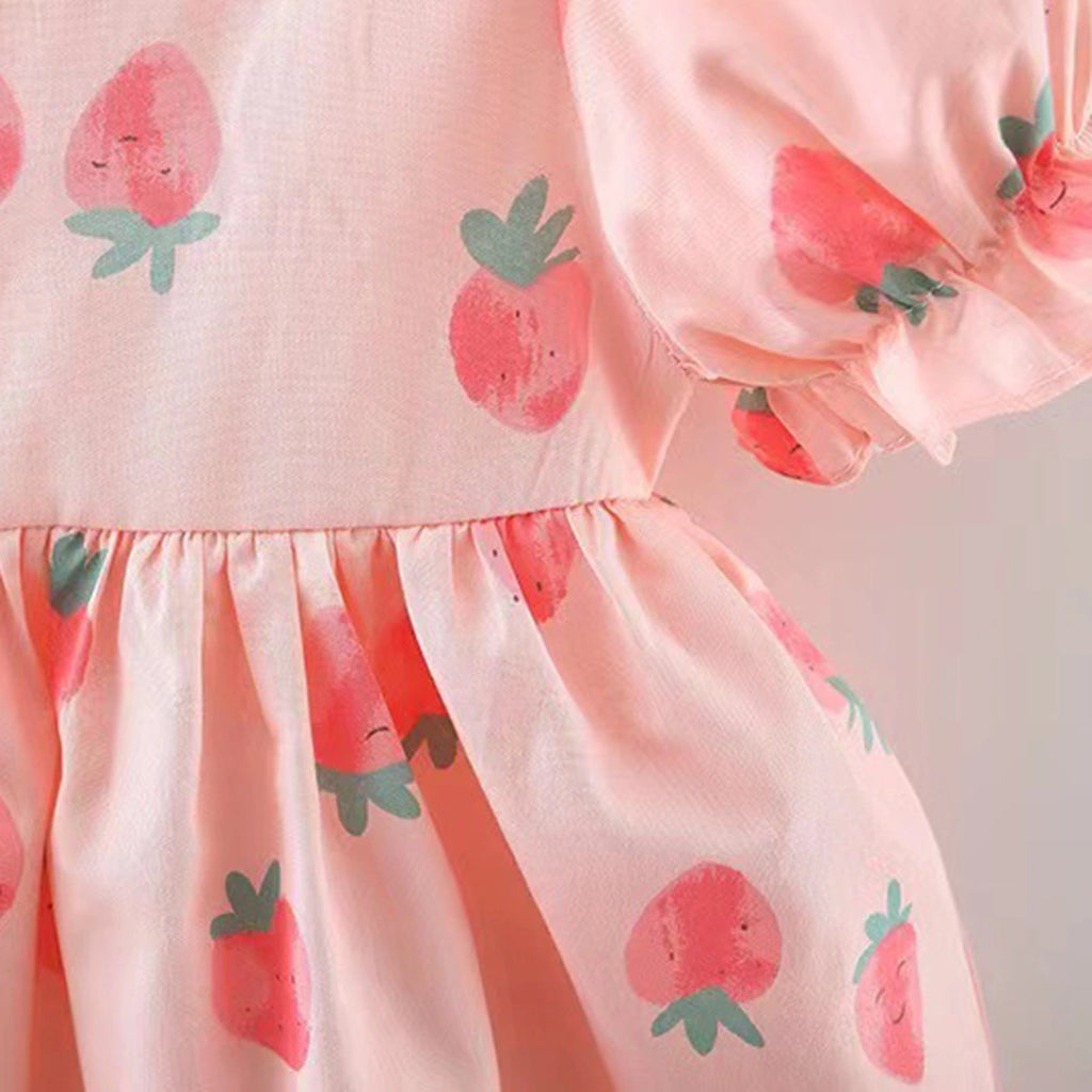 Girls Pink Strawberry Printed Square Neck Fit & Flare Dress Casual Dresses