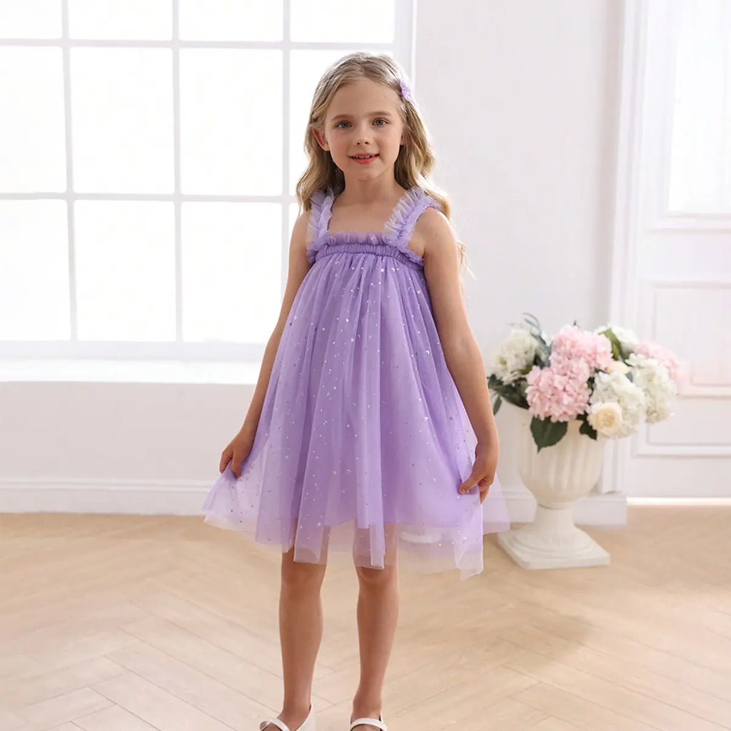 Girls Purple Polka Dot Print Tulle Overlay Sleeveless A-line Dress Casual Dresses Purple 2-3 Y