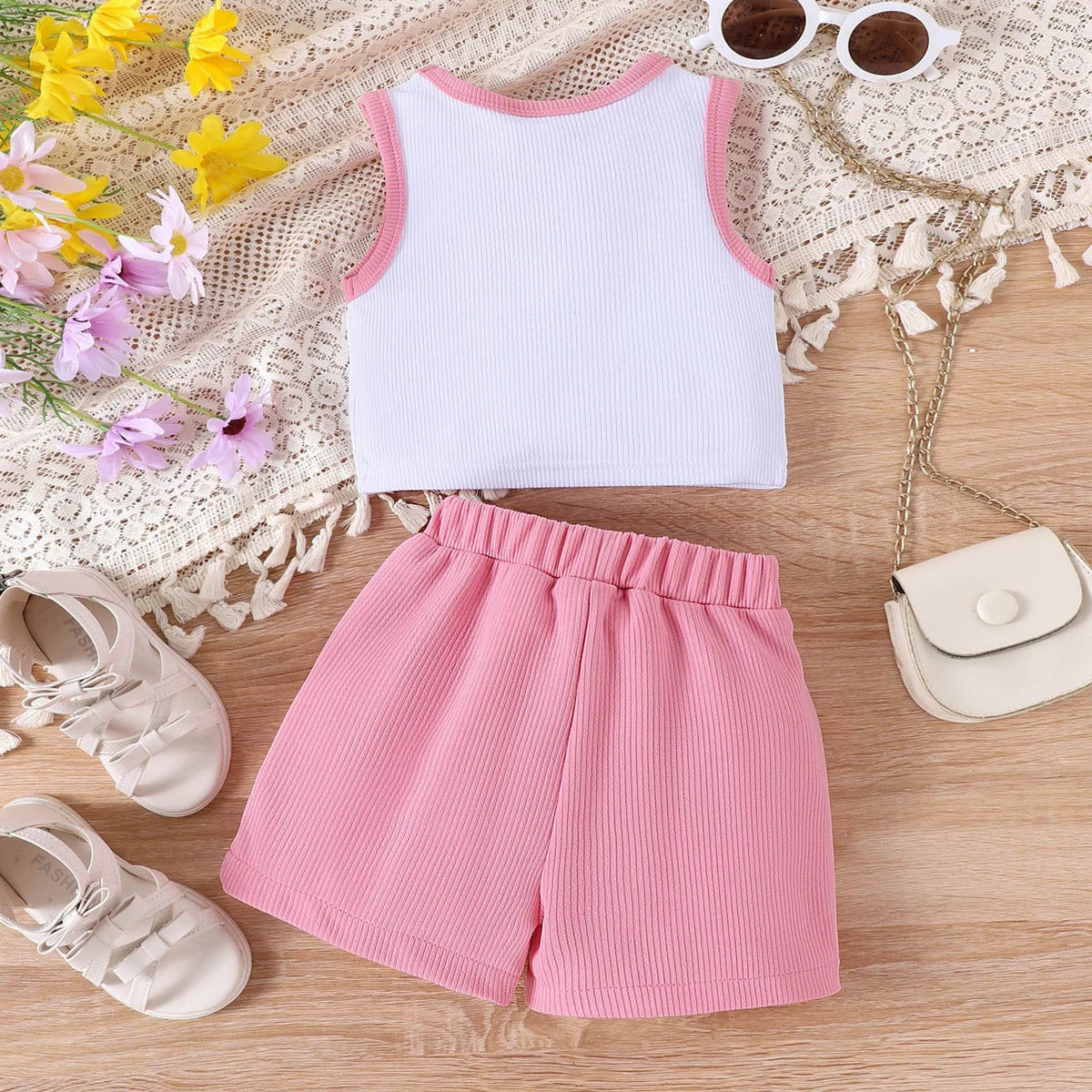 Girls Textured Sleeveless Top With Pink Skirt Sets 2 pc. Sets