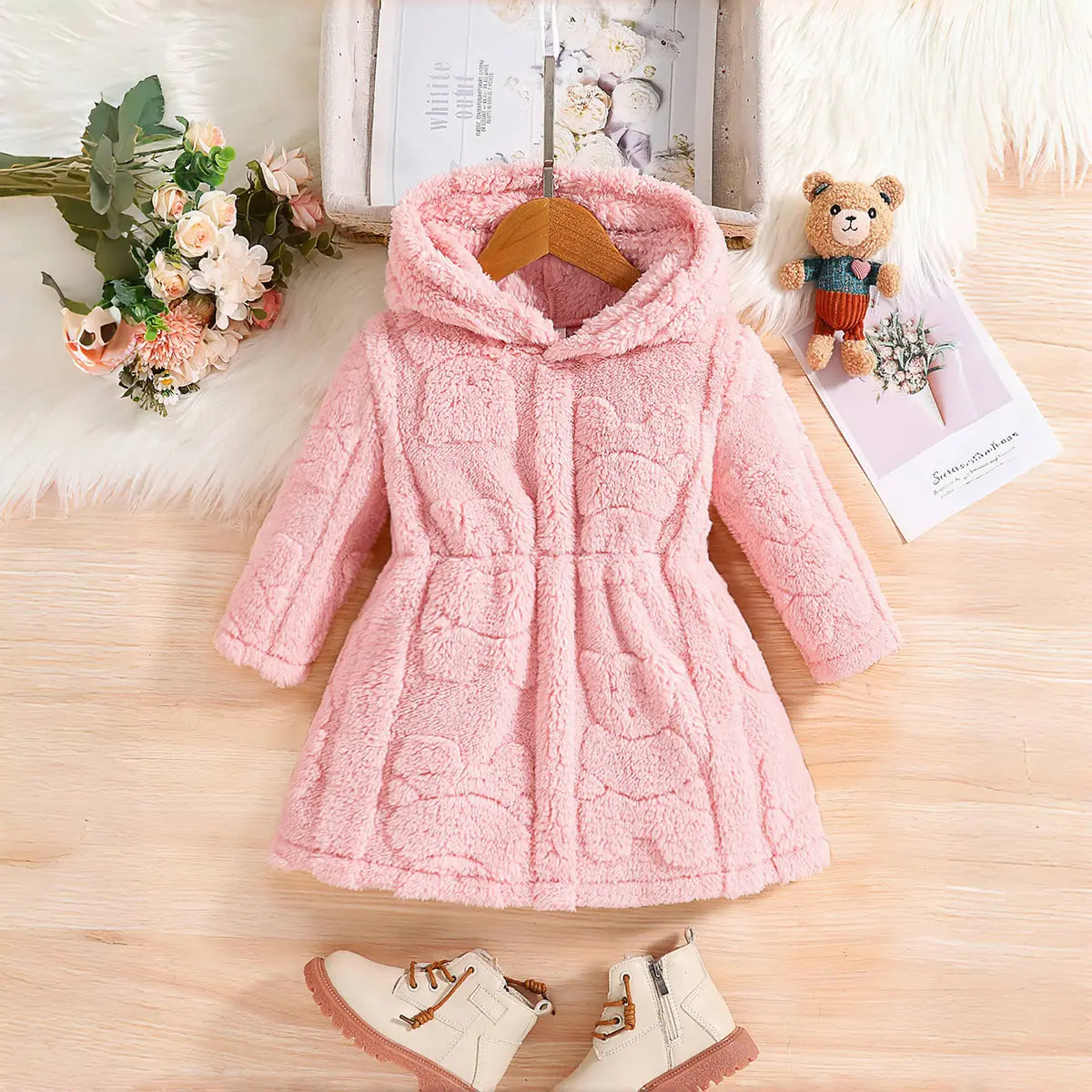 Girls Pink Fleece Hooded Jacket With Self-Design Bear Patterns Coats & Jackets Pink 3-4 Y