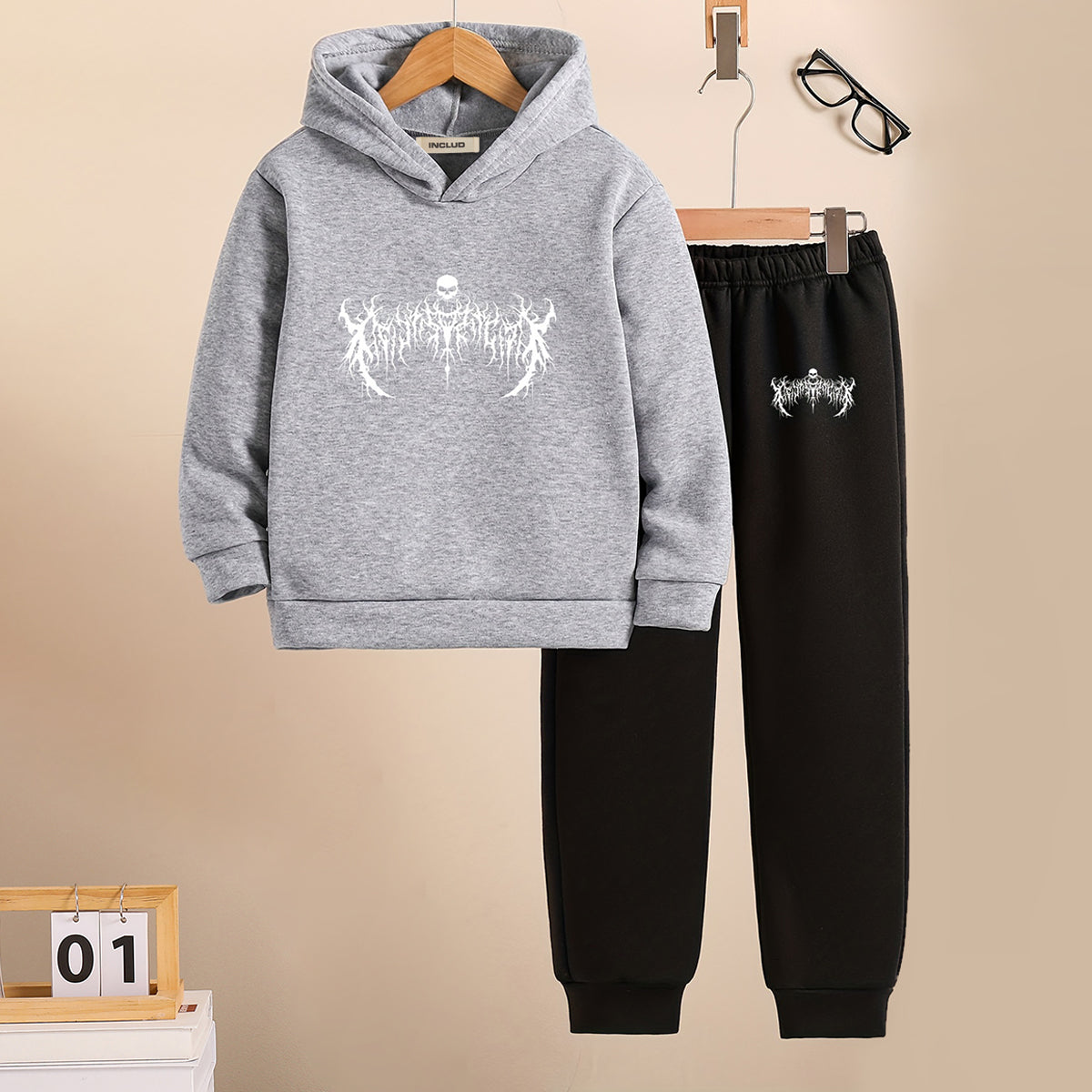 Boys Grey Melange Spooky Printed Hooded Sweatshirt with Joggers Set Sets Grey 5-6 Y