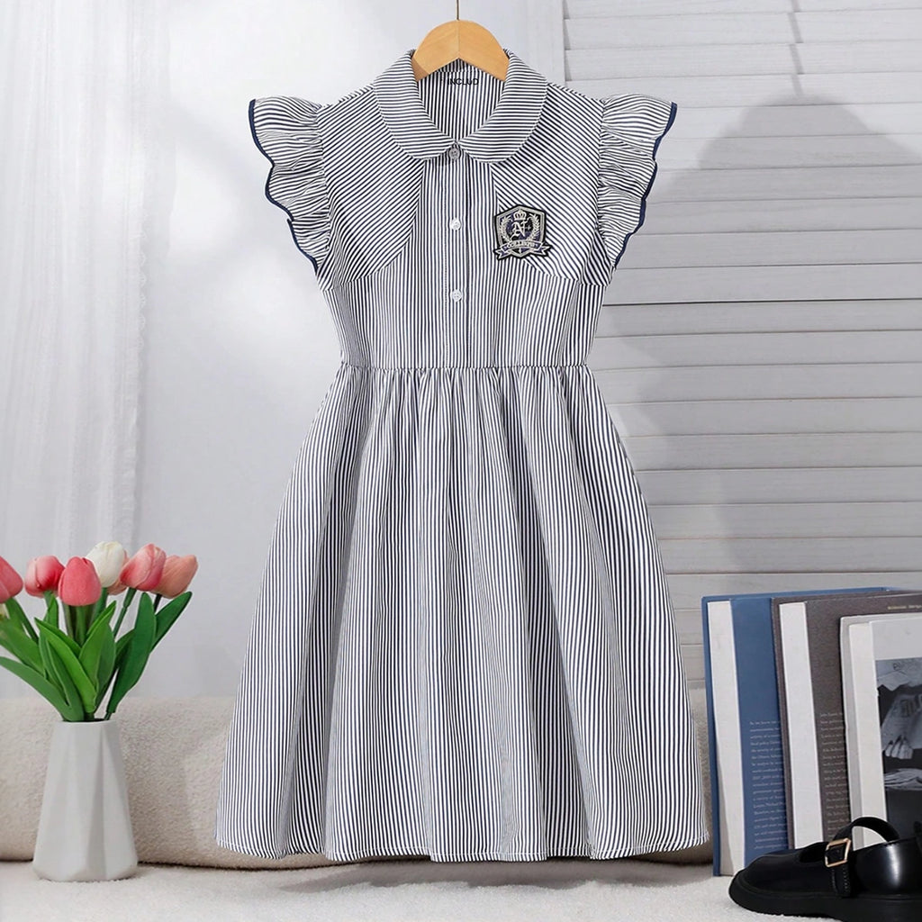 Girls Black Striped Flutter Sleeve Peter Pan Collar Dress Casual Dresses Black 7-8 Y