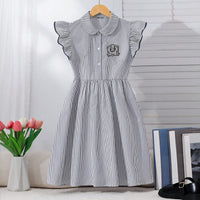 Girls Black Striped Flutter Sleeve Peter Pan Collar Dress Casual Dresses Black 7-8 Y