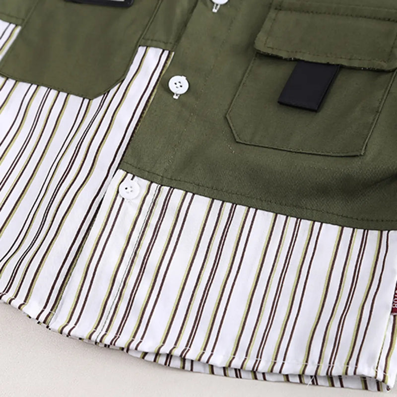 Boys Green Stripes Shirt With Denim Jogger Sets Sets