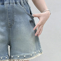 Girls Light Blue Pearl Embellished Denim Shorts Shorts