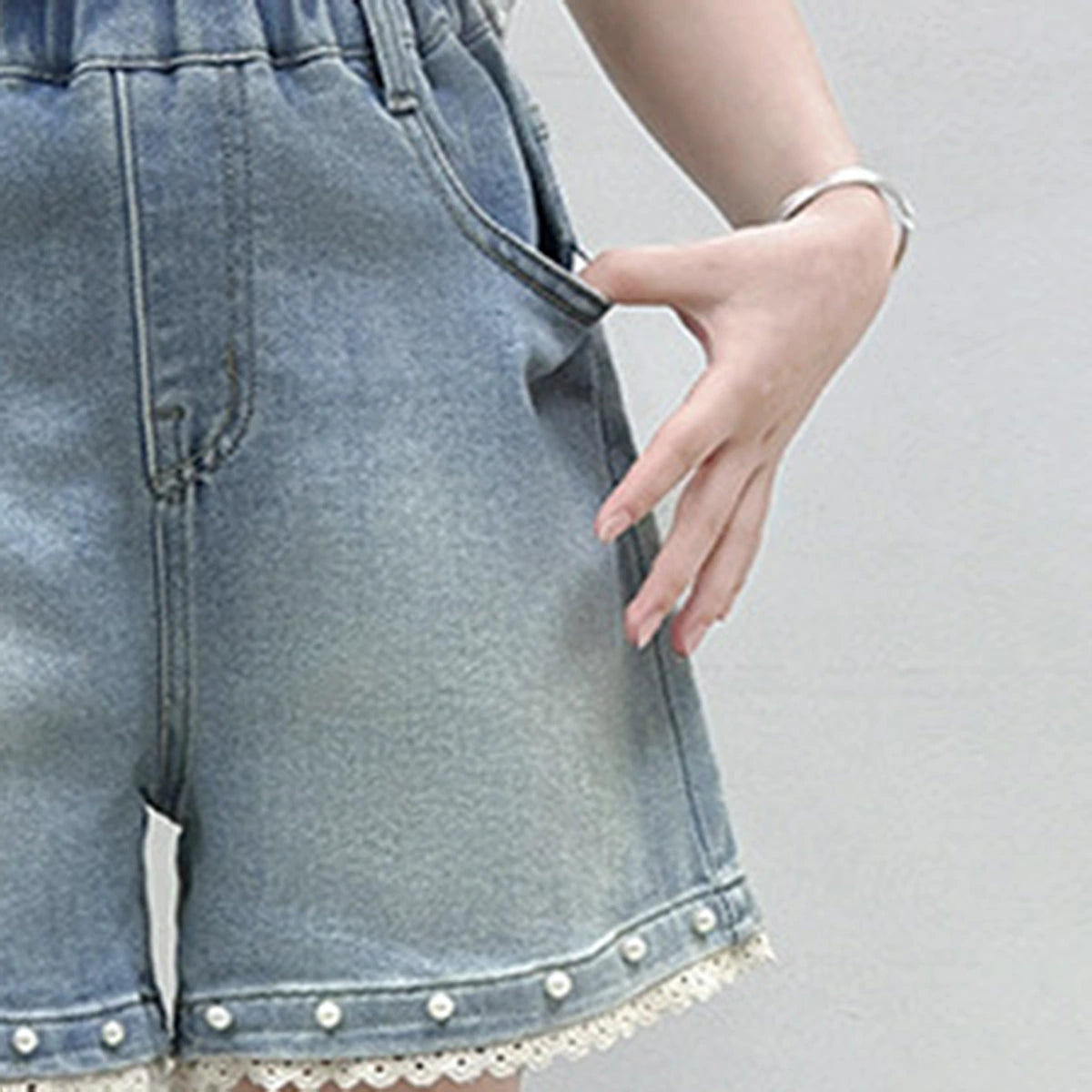 Girls Light Blue Pearl Embellished Denim Shorts Shorts