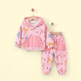 Girls Pink Bow Print Long Sleeve Jacket With Pants Sets 2 pc. Sets Pink 1-2 Y