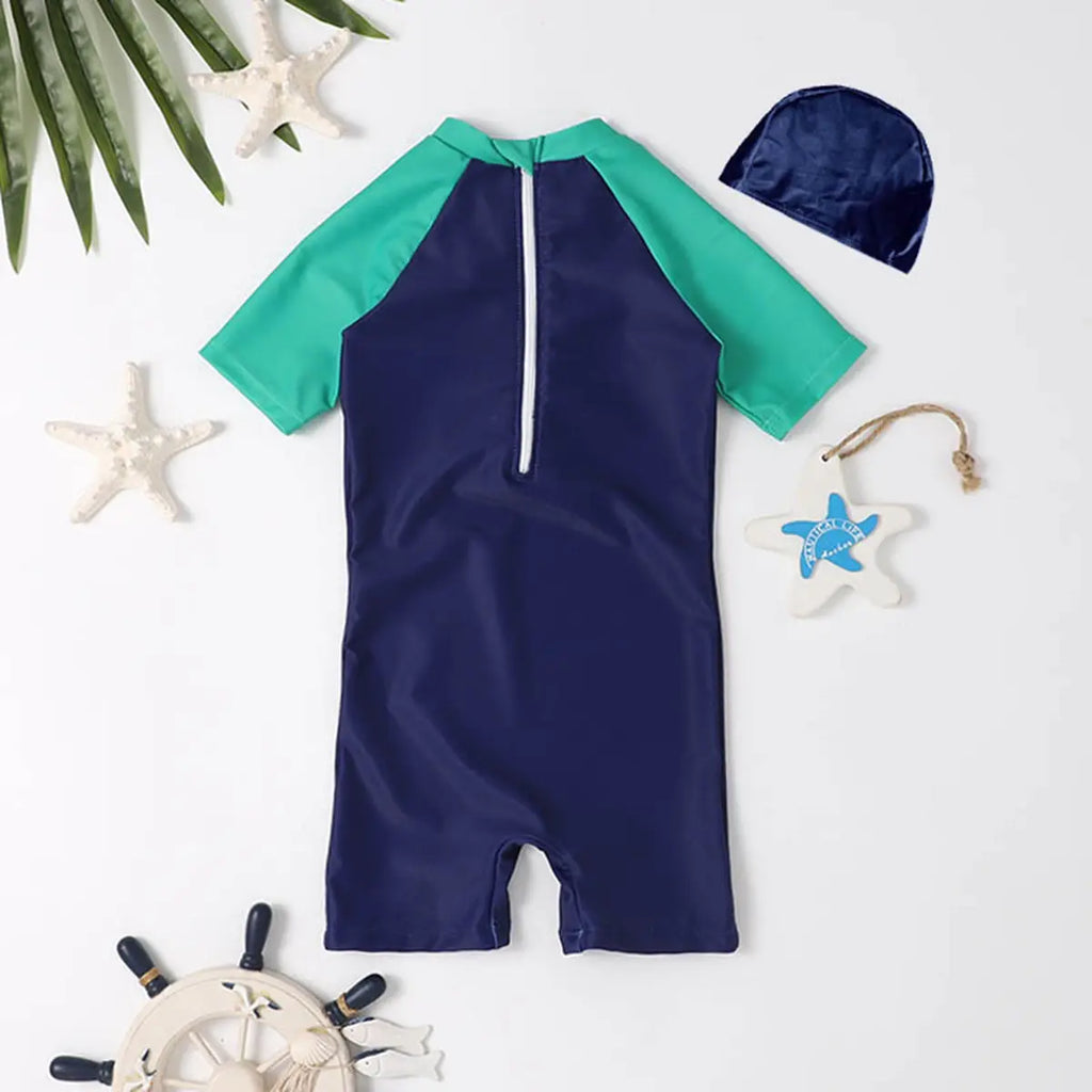 Boys Navy Blue Typographic Print Swimwear Bodysuit With Swim Cap Beachwear
