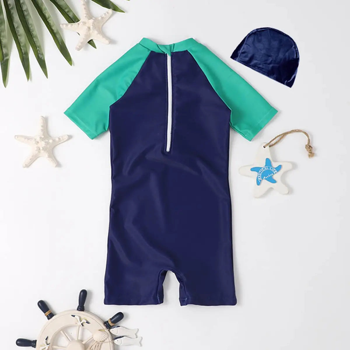 Boys Navy Blue Typographic Print Swimwear Bodysuit With Swim Cap Beachwear