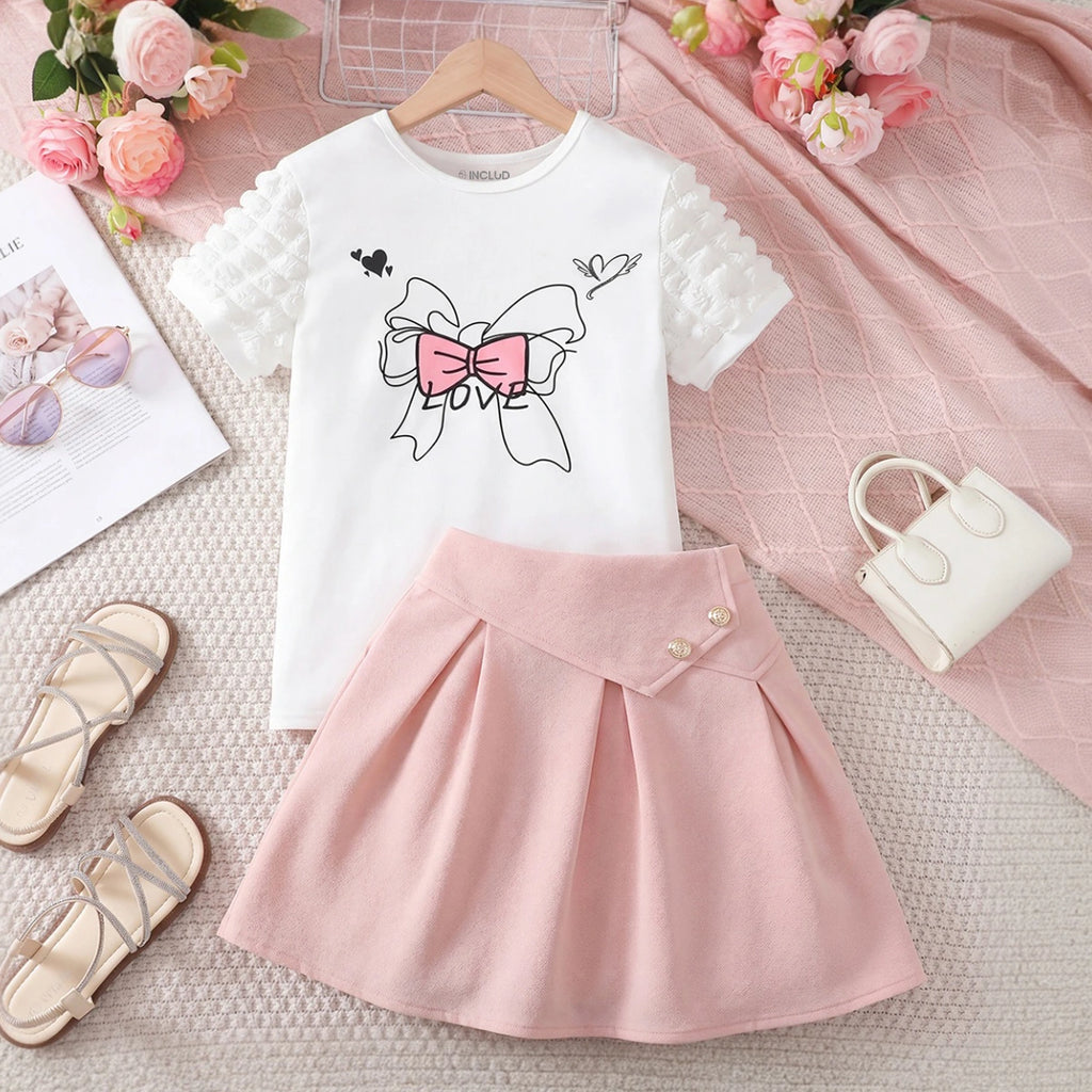 Girls White Bow Print Puff Sleeve T-Shirt With Skirt Sets 2 pc. Sets White 7-8 Y