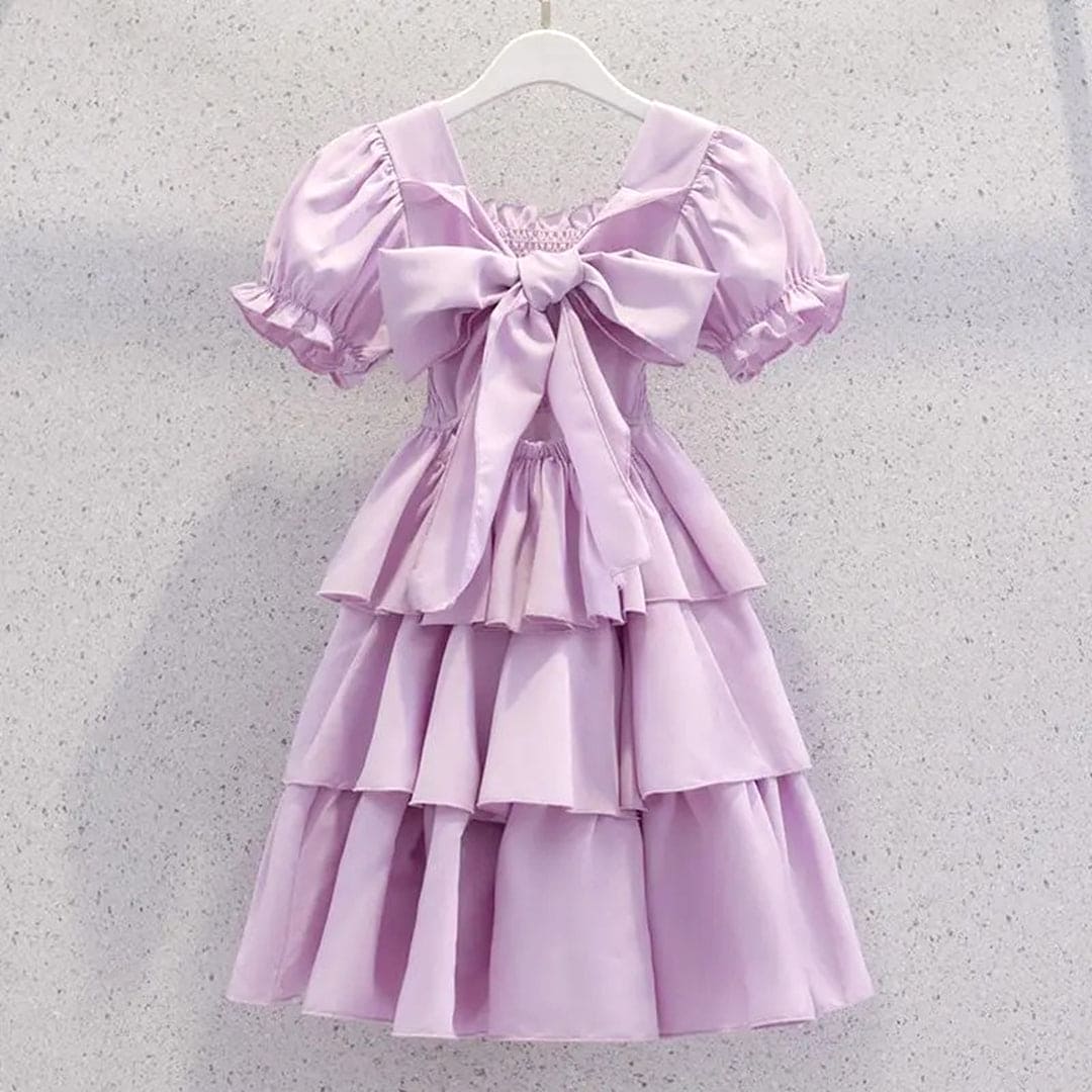 Girls Puff Sleeves Elasticated Smocking Tiered Dress Casual Dresses   