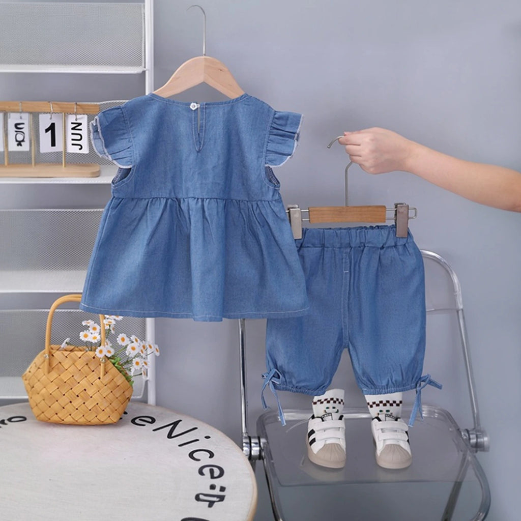 Girls Dark Blue Bow Applique Flutter Sleeve With Elasticated Shorts Sets 2 pc. Sets