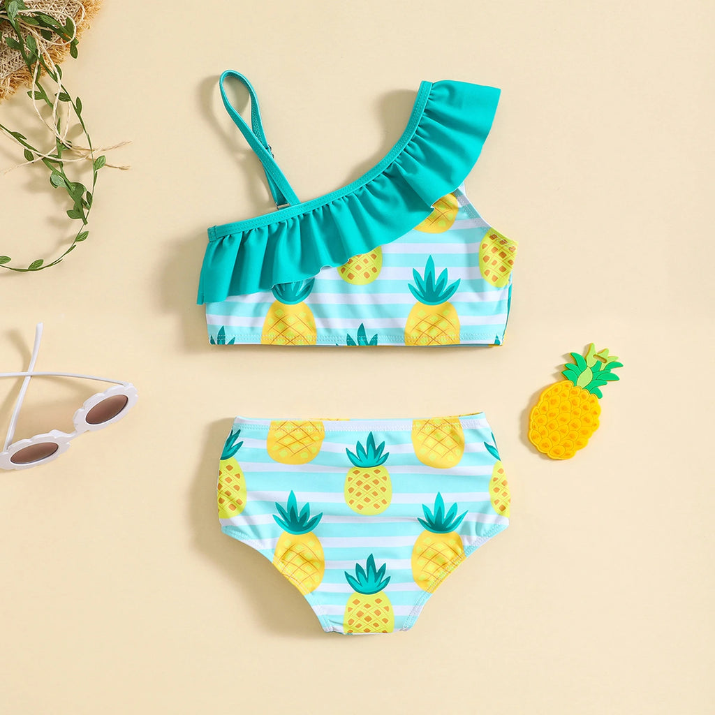 Girls Sky Blue Pineapples Printed Top With Briefs Two-Piece Swimwear Sets Sets