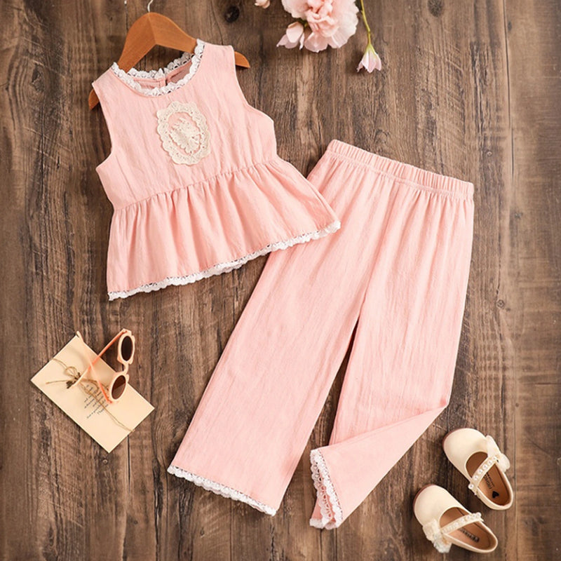 Girls Light Pink Sleeveless Peplum Top With Elasticated Pants Sets 2 pc. Sets Light Pink 2-3 Y