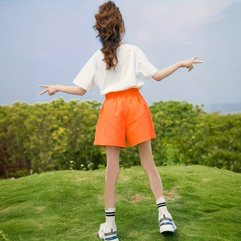 Girls Orange Flower Printed Summer T-Shirt With Shorts Set 2 pc. Sets