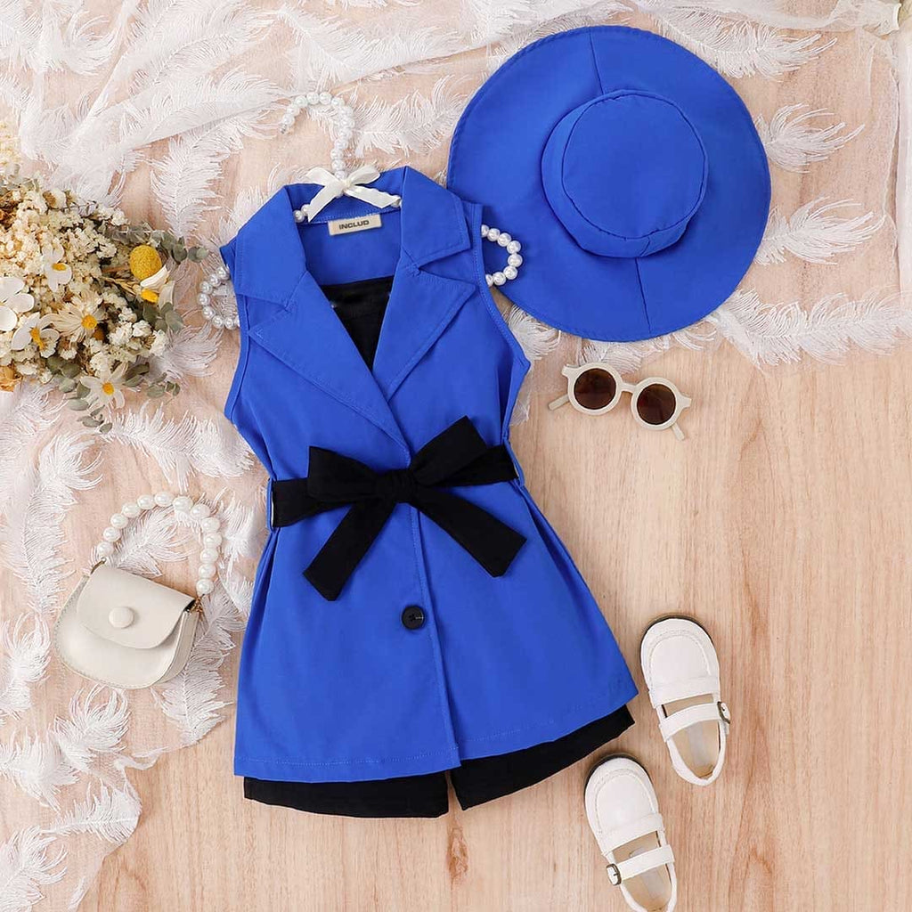 Girls Blue Crop Top with Shorts & Summer Jacket with Hat Set Sets Blue 4-5 Y 