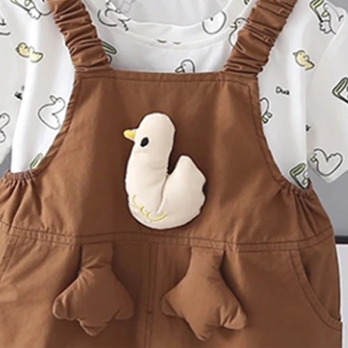 Girls Brown Duck Applique Dungaree With Printed T-Shirt Set Sets