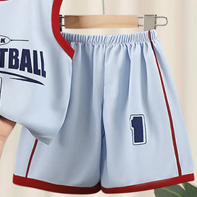 Boys Light Blue Sleeveless Basketball Typography T-Shirt With Shorts Sets 2 pc. Sets