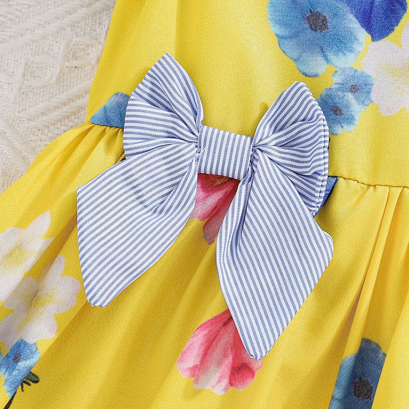 Girls Yellow Floral Fit & Flare Dress With Flutter Sleeves Casual Dresses