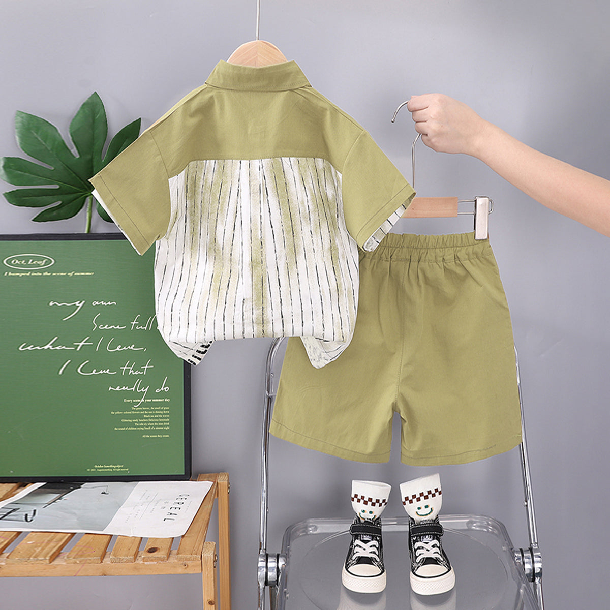 Boys Color-Blocked Striped Shirt With Light Green Shorts Set 2 pc. Sets