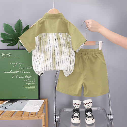 Boys Color-Blocked Striped Shirt With Light Green Shorts Set 2 pc. Sets