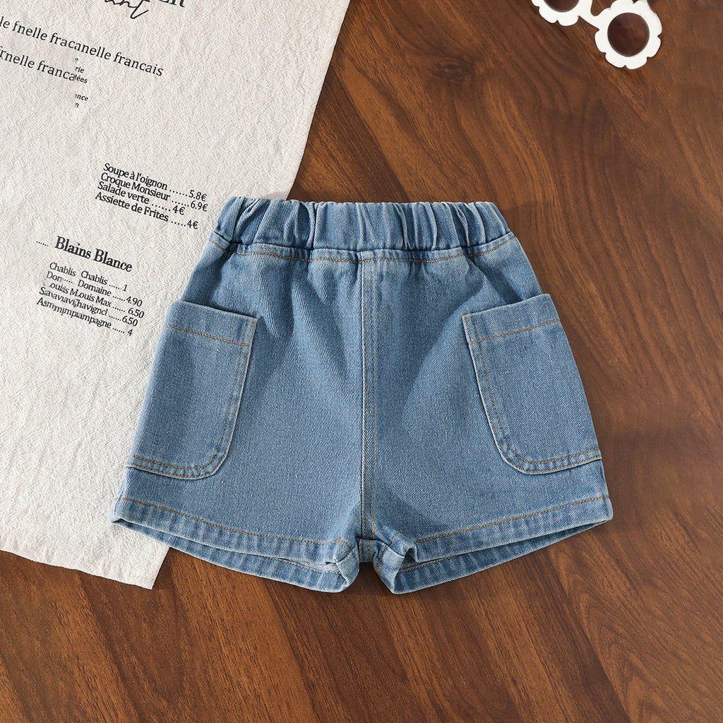 Girls Maroon Pearl Embellished Top With Denim Shorts Set Sets