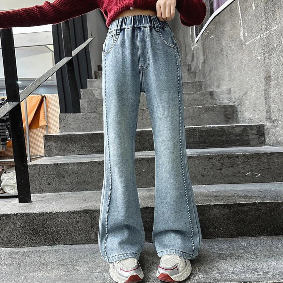 Girls Light Blue Braided Front Seam Relaxed Fit Denim Jeans Pants