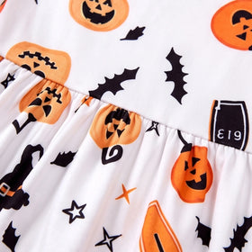 Girls White Halloween Pumpkin Print Fit & Flare Dress Casual Dresses