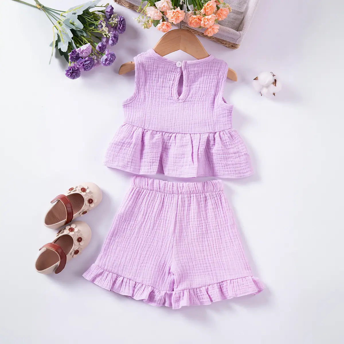Girls Purple Textured Bow Applique Peplum Top With Shorts Co-ord Sets Sets