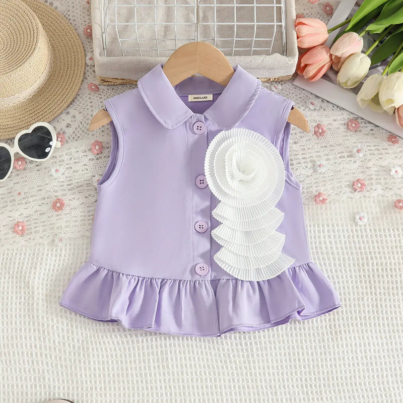 Girls Purple 3D Flower Applique Sleeveless Top With Flared Denim Pants Set Sets