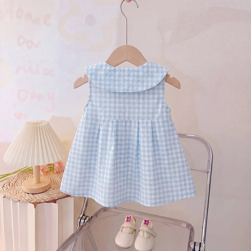 Girls Light Blue Checked Rabbit Applique Sleeveless A-Line Dress Casual Dresses