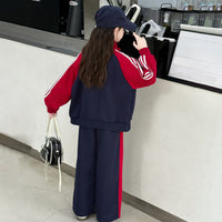 Girls Navy Blue Solid Front Zipper Jacket With Pant Winter Set 2 pc. Sets
