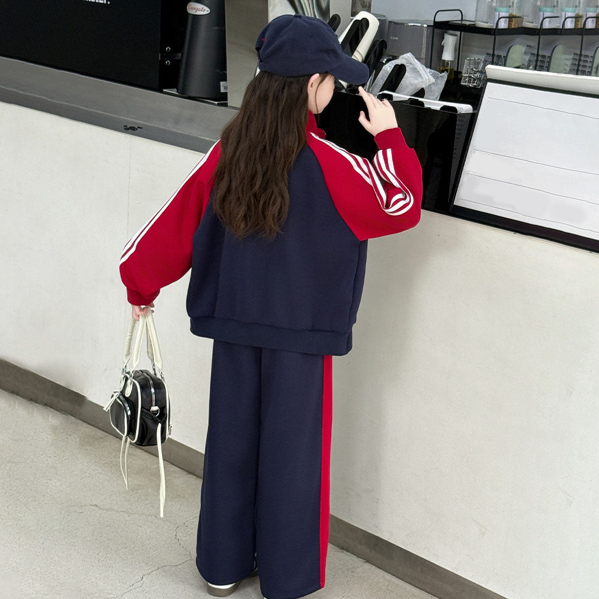 Girls Navy Blue Solid Front Zipper Jacket With Pant Winter Set 2 pc. Sets
