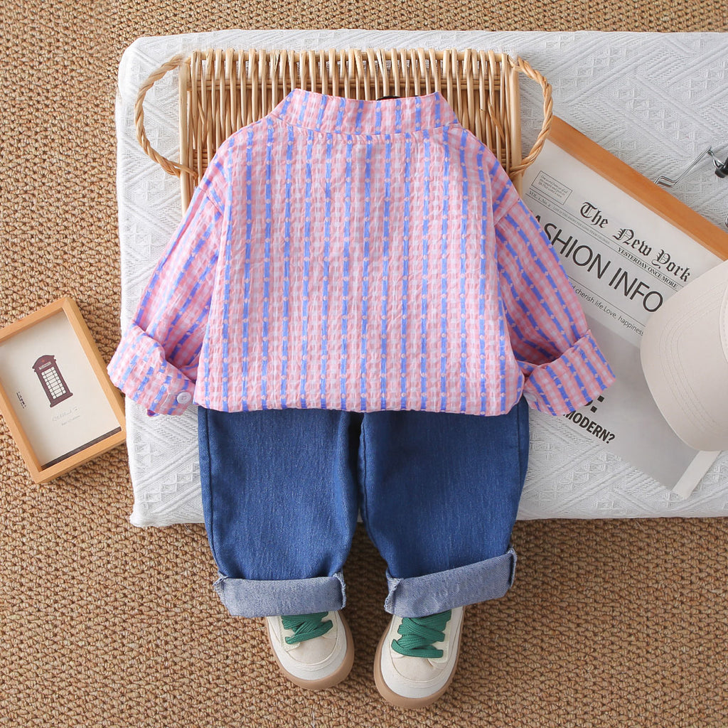 Boys Pink Stripes Fruits Applique Shirt With Denim Pants Set 2 pc. Sets